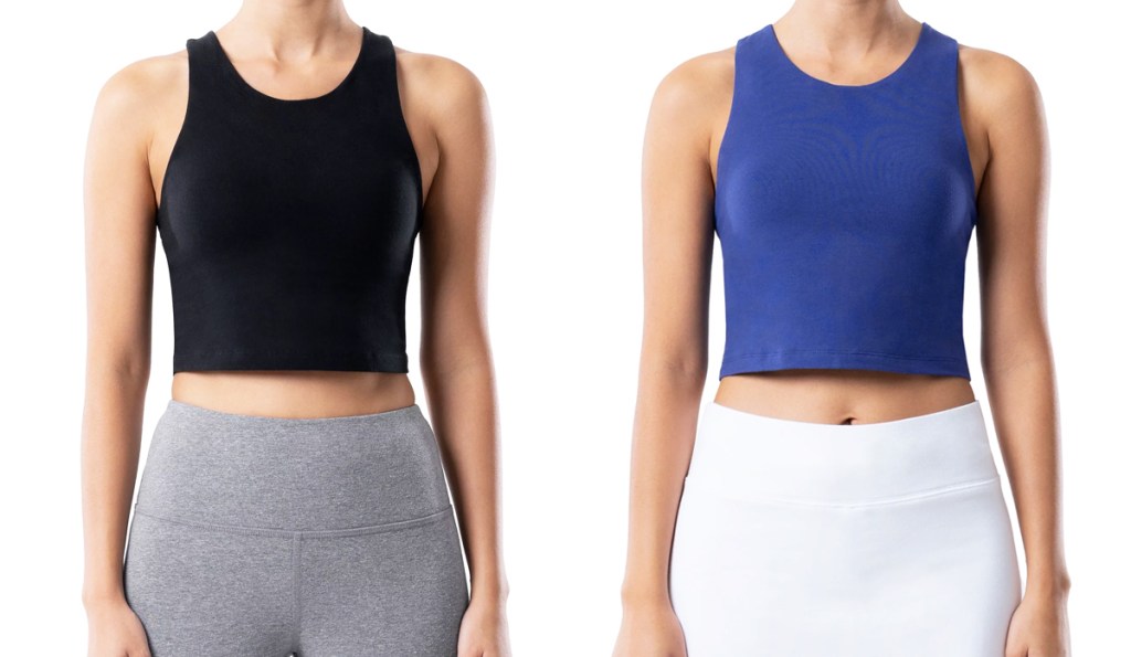 two women in black and blue cropped tanks