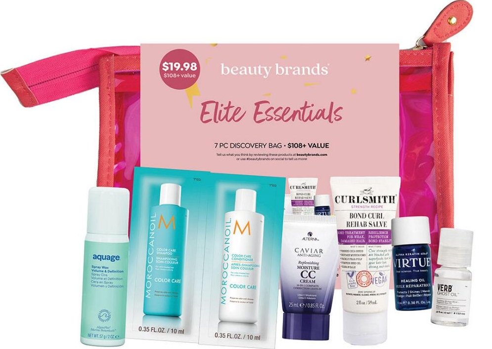 Beauty bag with samples in front of it