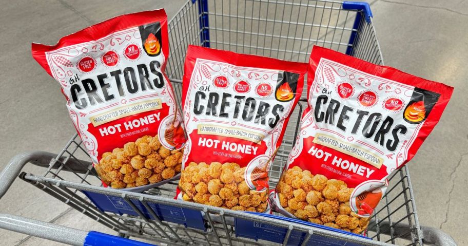 three Cretors Hot Honey Kettle Popcorn 14oz bags in cart in store