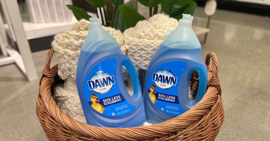 2 large bottles of Dawn Ultra in a basket