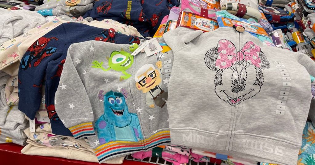 Spider-man, Monsters Inc and Minnie Mouse zip up hoodie on display in store 