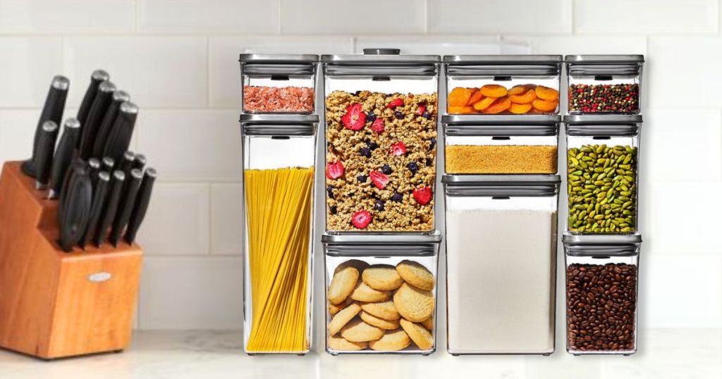 clear OXO food storage containers on kitchen counter next to knife block