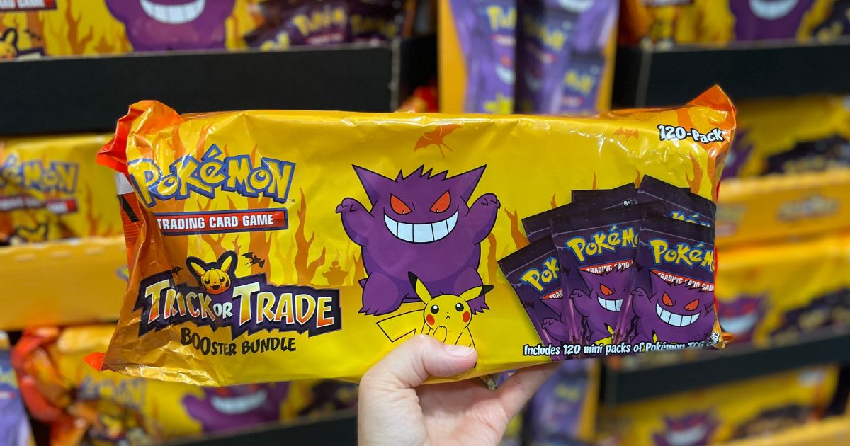 Pokémon Halloween Trick or Trade BOOster Packs, 120-count at Costco shown in Woman's Hand