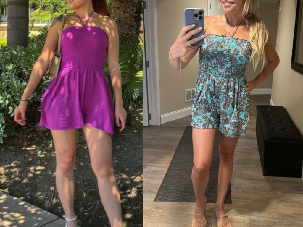 Wild Fable Women's Sleeveless Woven Smocked Romper at Target shown on 2 women in purple and blue