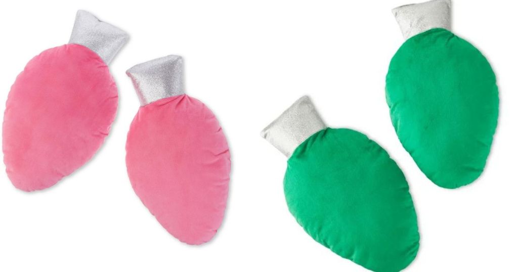 4 thow pillows in the shape of Christmas light bulbs in pink and green 