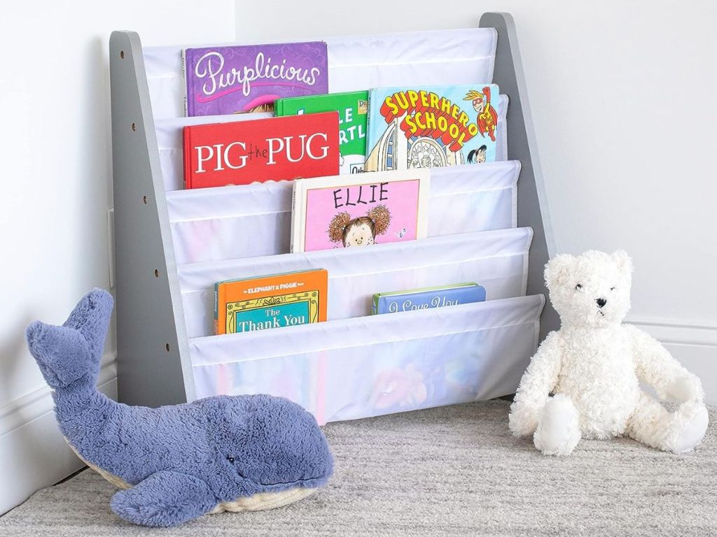 A Humble Crew Sling Bookshelf filled with childrens books