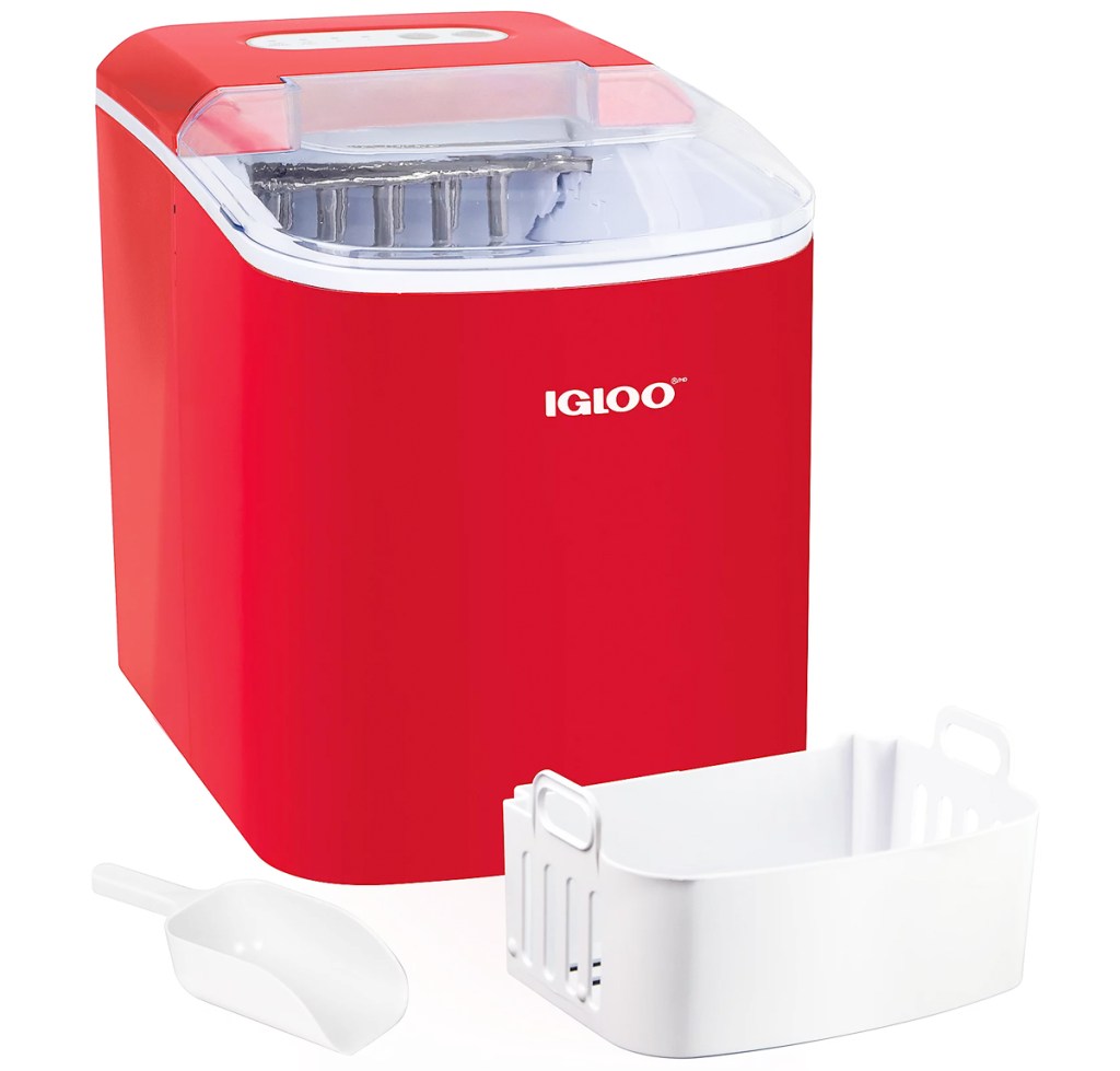 red ice maker with white basket and scoop