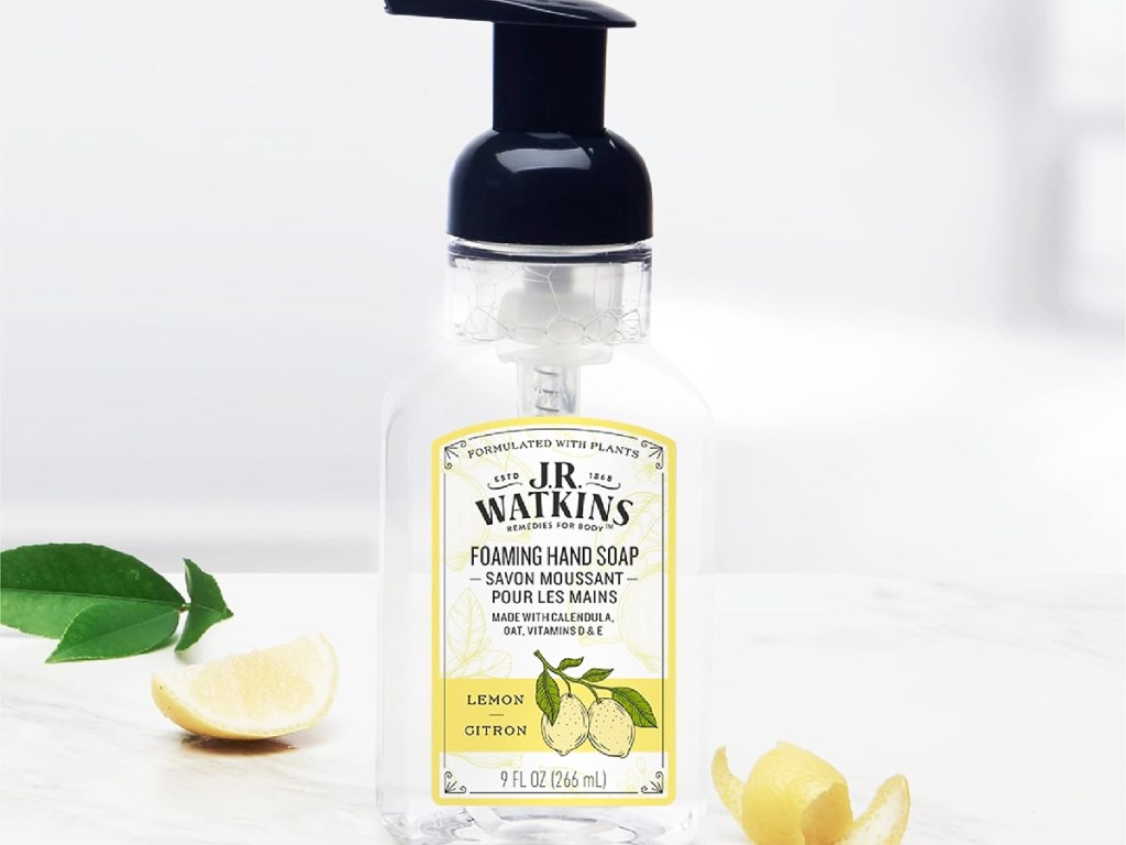 bottle of JR Watkins Hand Soap near lemon peel