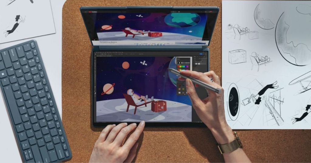Person drawing a digital image on a Lenovo yoga book
