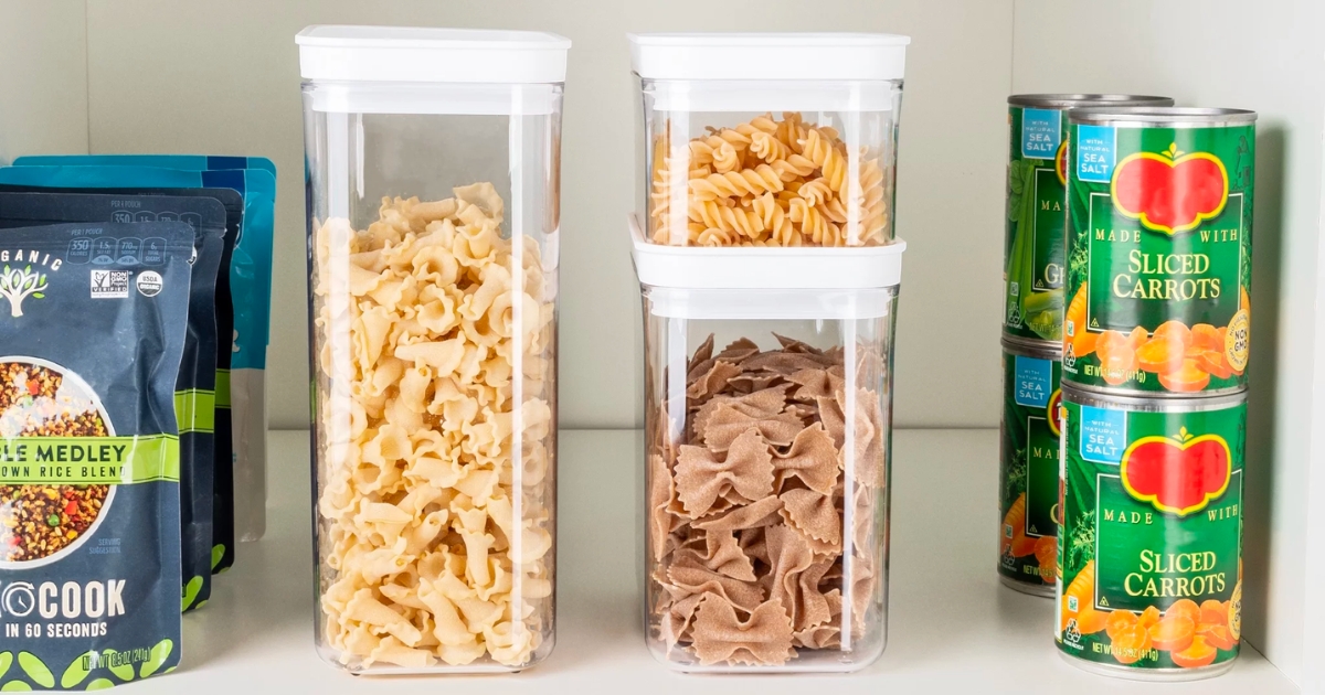 3 sizes of clear mainstays food storage containers on pantry shelf