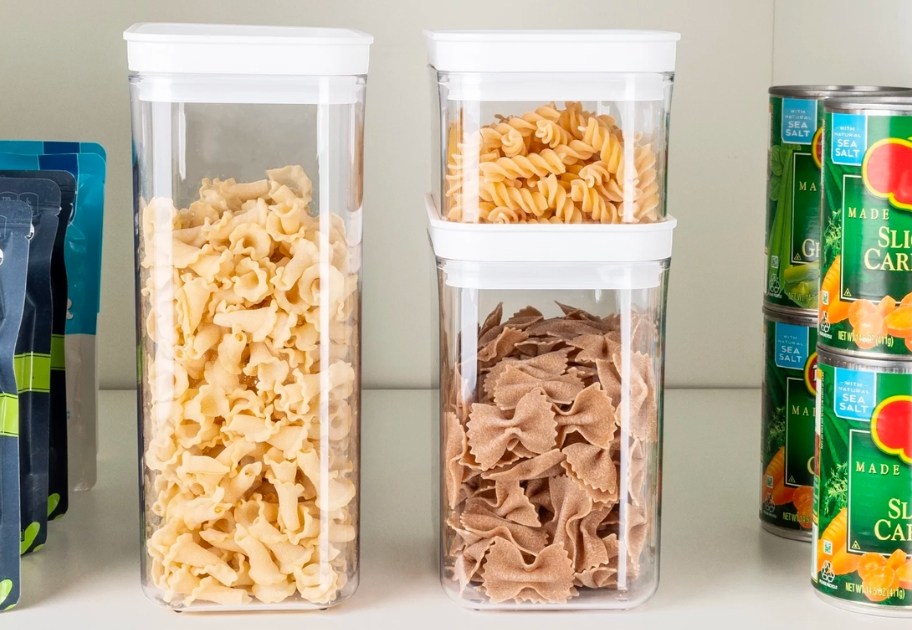 3 sizes of clear mainstays food storage containers on pantry shelf