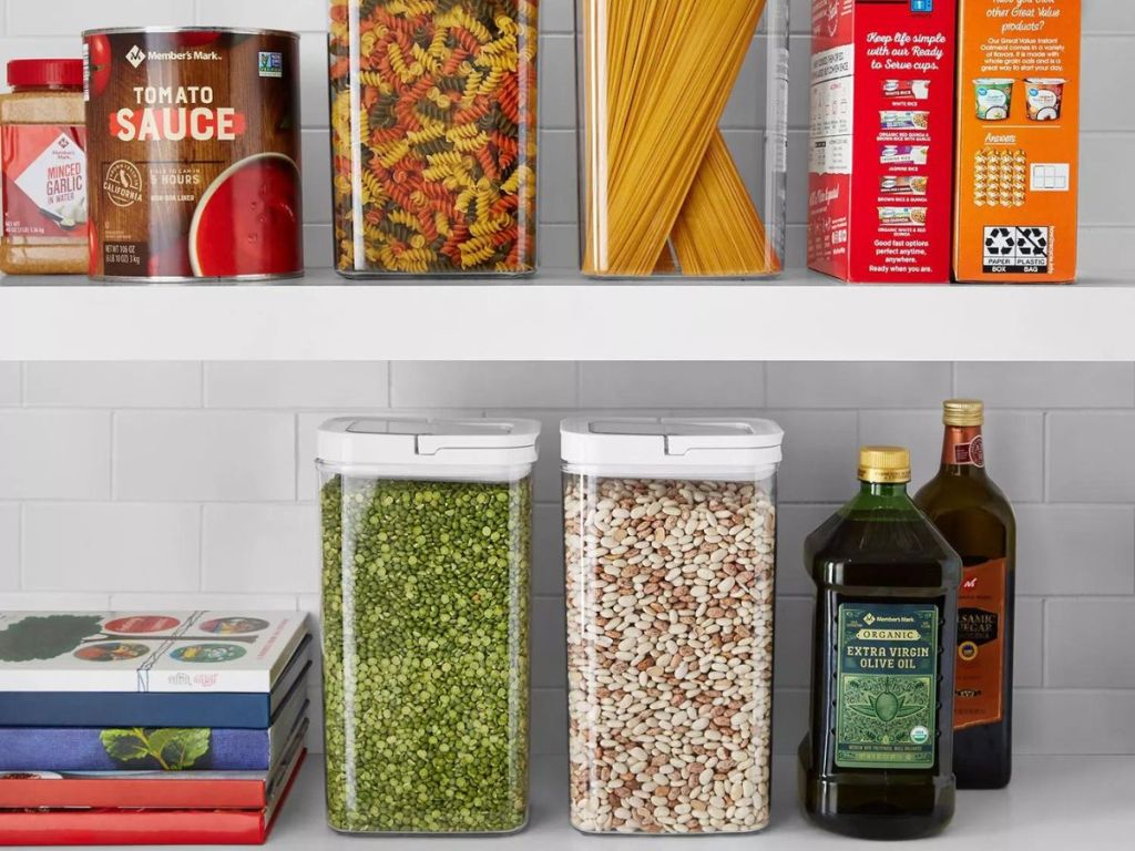 Member's Mark Fliplock Containers in a pantry with food in and around them