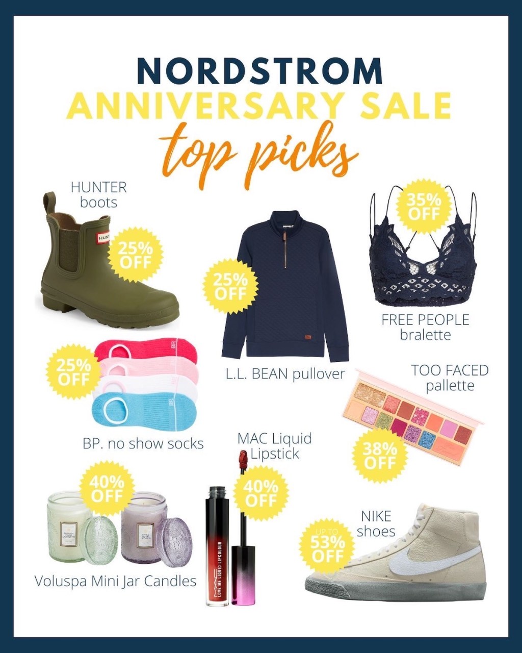 graphic of nordstrom anniversary sale shoes clothing and cosmetics with pricing