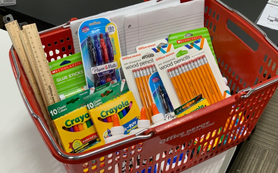 Office Depot School Supplies in a shopping basket