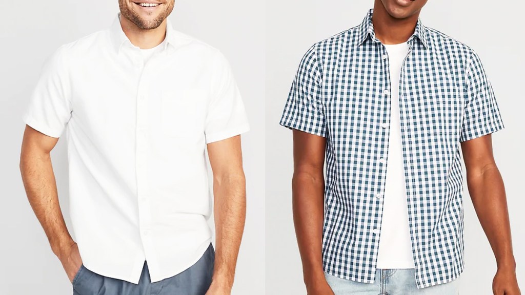 two men in white and gingham button down shirts
