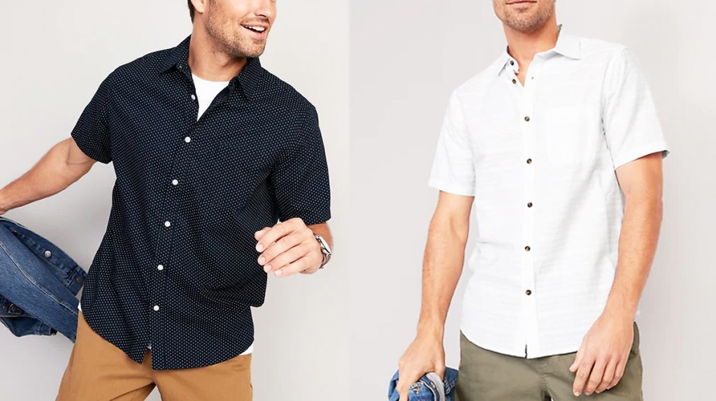 two men in navy and white button down shirts