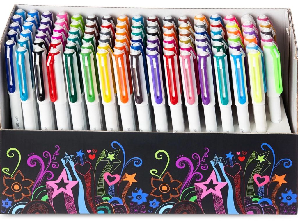 Many colored pens in a box