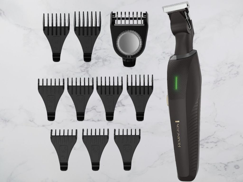 hair trimmer and 10 attachments with marble background