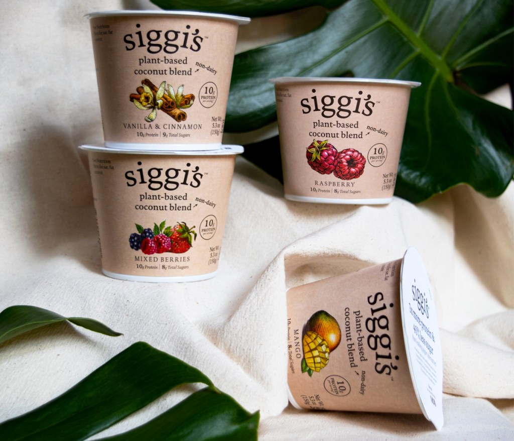 four cups of Siggi's Coconut Blend Yogurts