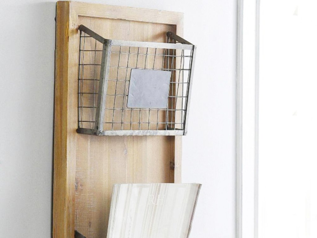 wood wall organizer with metal baskets