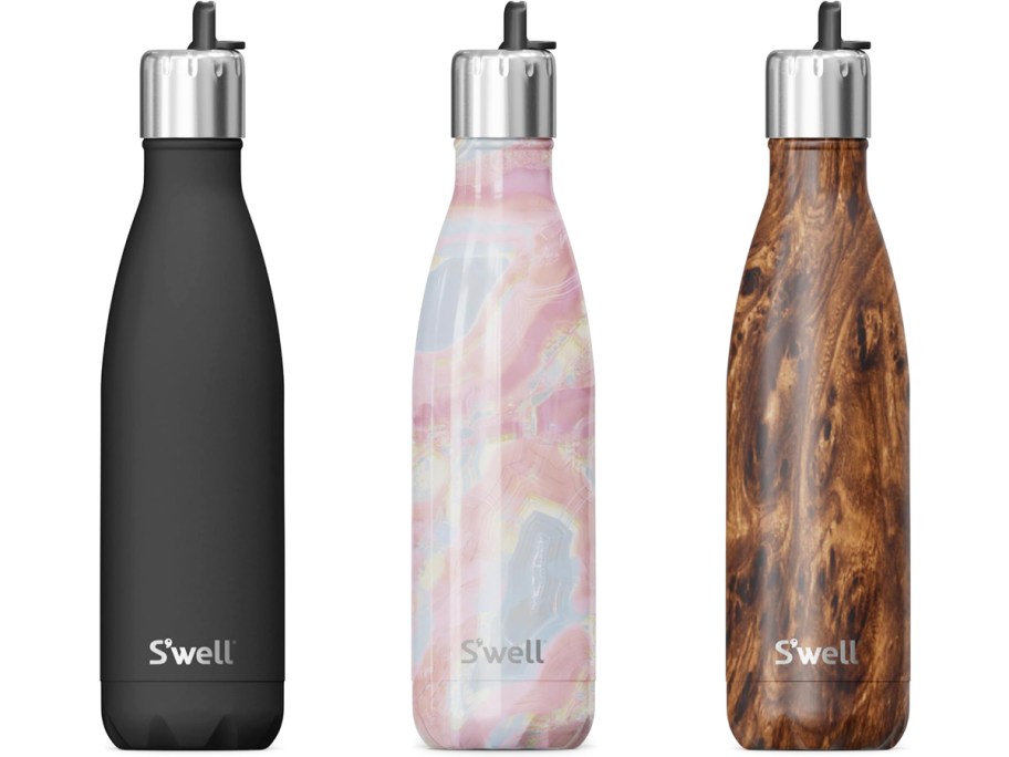 matte black, pink geode, and wood grain print water bottles