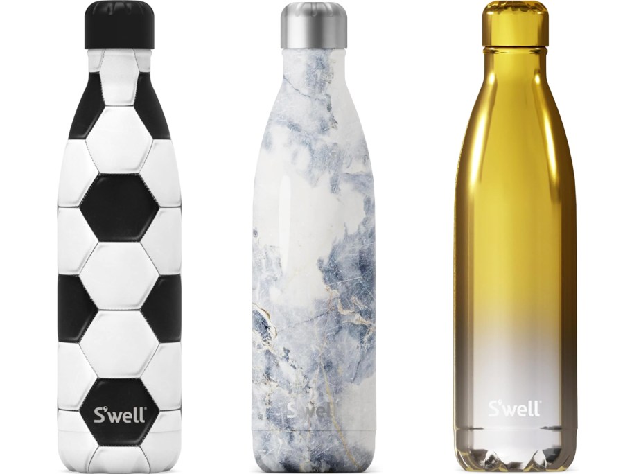 soccer ball, blue marble, and silver/yellow ombre print water bottles