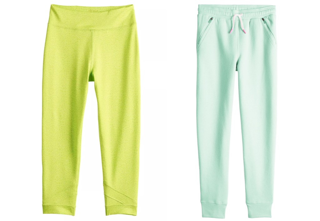 green leggings and mint green joggers