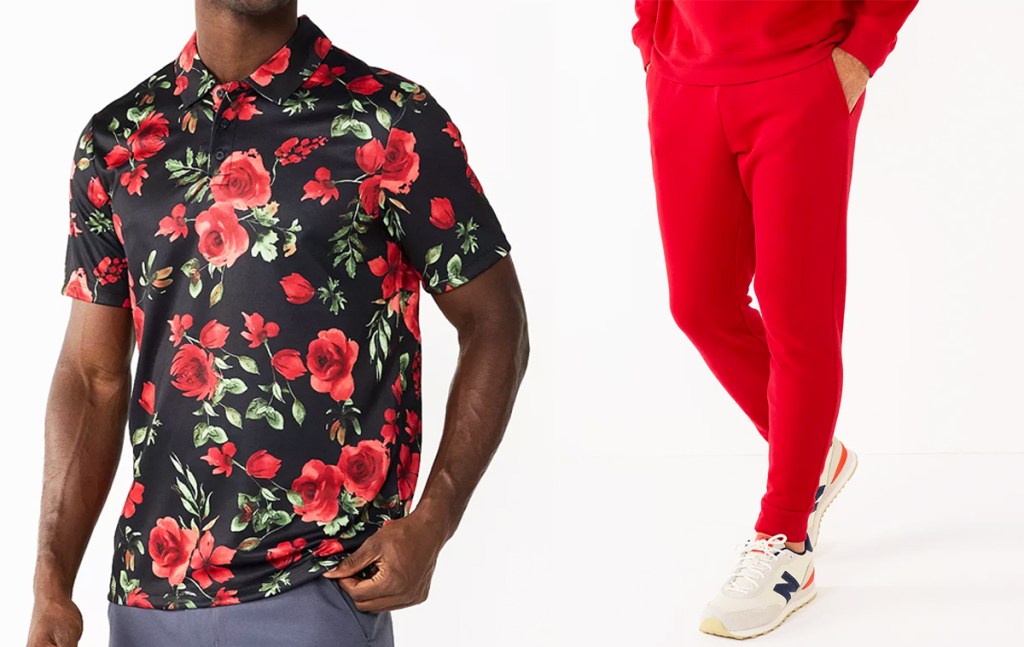 man in floral polo and man in red joggers