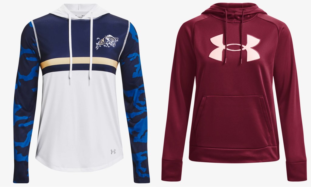 blue and white and a maroon under armour hoodies