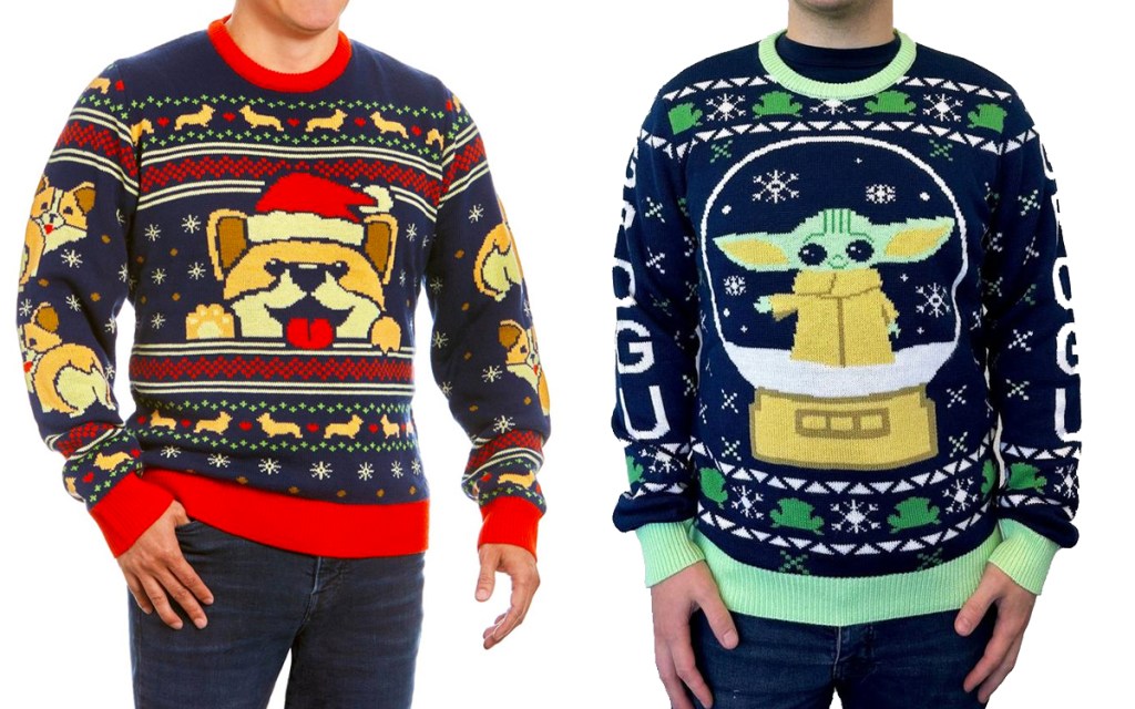 two men wearing ugly christmas sweaters