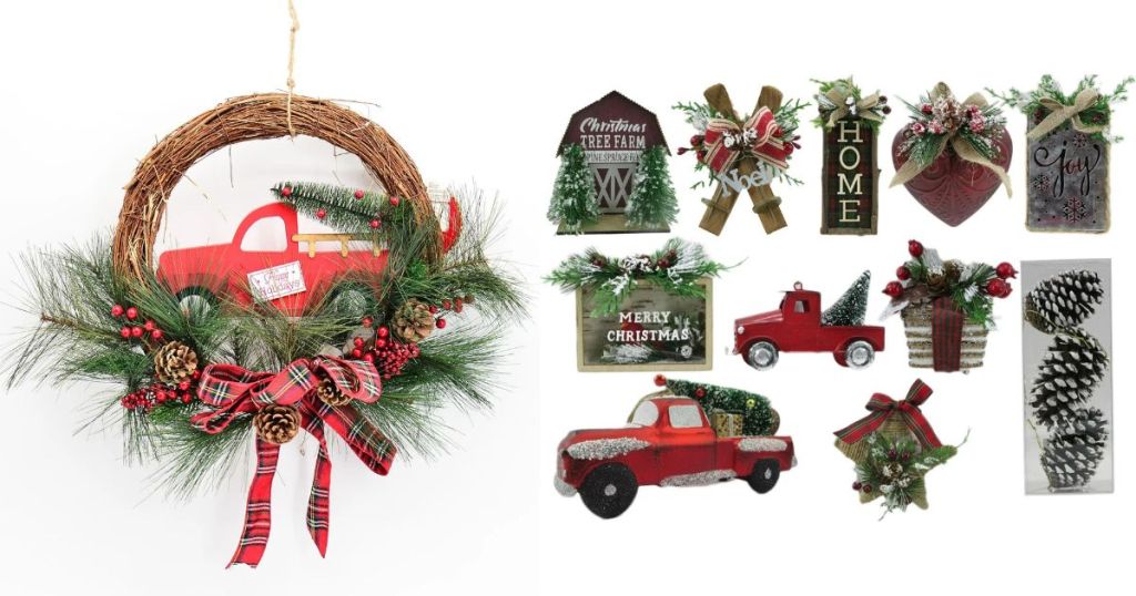 A wreath with a red truck and an assortment of ornaments