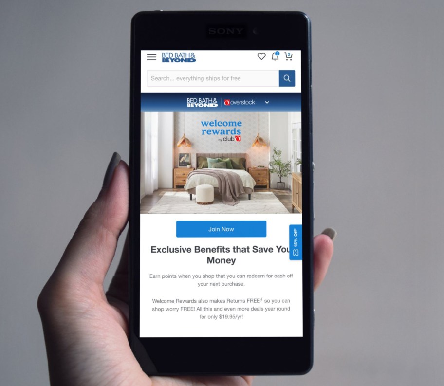 A phone showing the Welcome Rewards program offered by Bed Bath & Beyond by Overstock which took the place of Club O