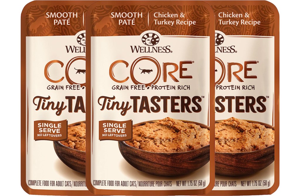 three pouches of Wellness CORE Tiny Tasters Wet Cat Food in Chicken & Turkey Pate flavor
