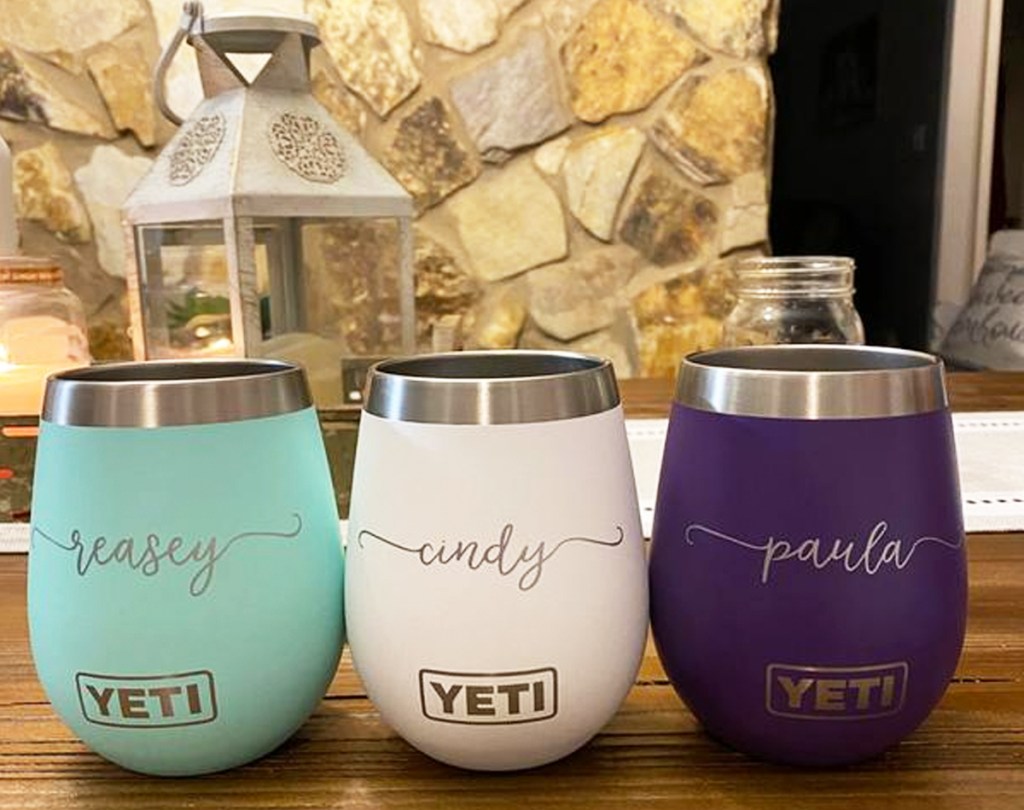 three personalized yeti wine tumblers