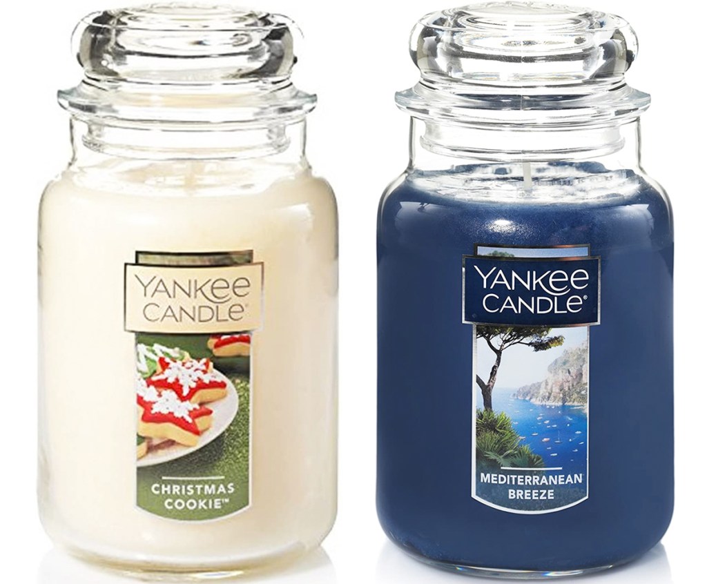 white and blue jarred yankee candles