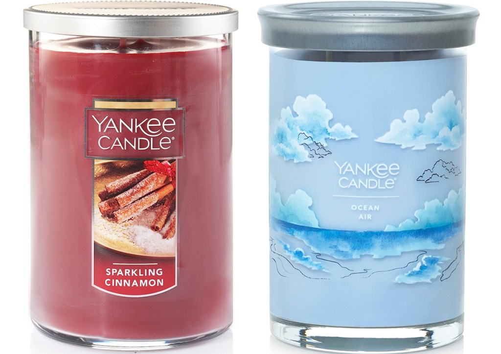 red and blue yankee candle jars