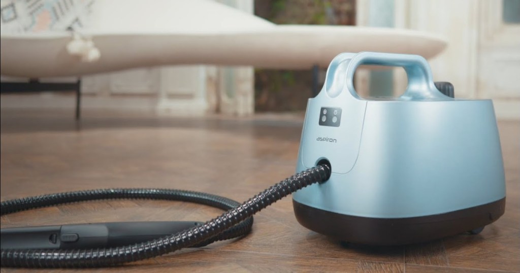 light blue steamer on hardwood floor