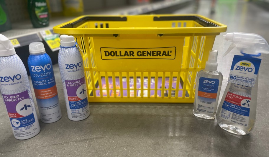 dollar general basket with zevo bug sprays