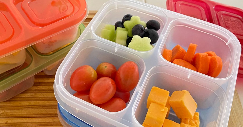 4 compartment lunch container with fruits and cheese 