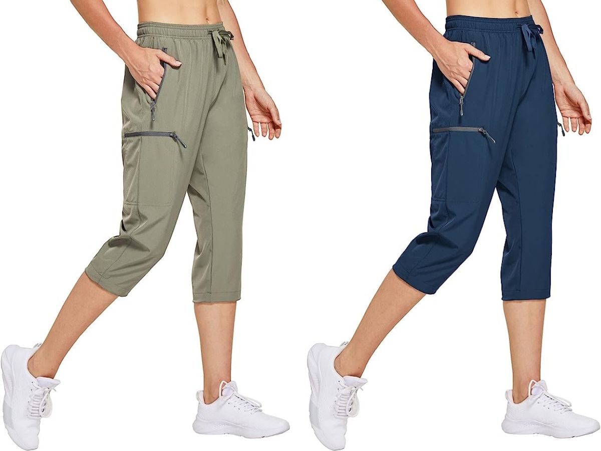 woman wearing green capri pants and woman wearing blue capri pants