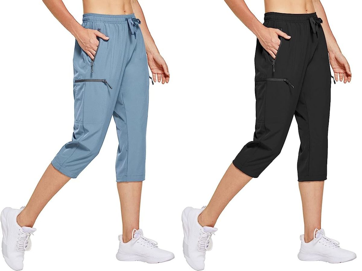 woman wearing light blue capri pants and woman wearing black capri pants