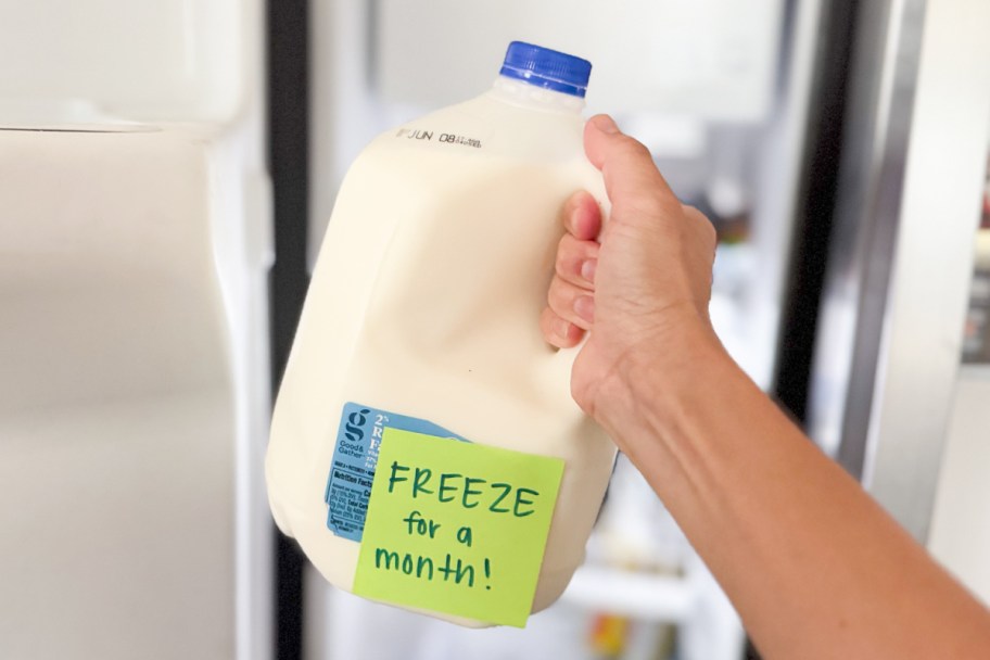 hand holding milk jug in front of freezer