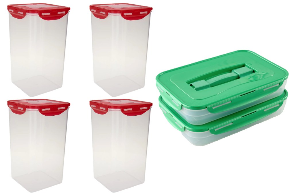 red tal canister containers and green flat ones 