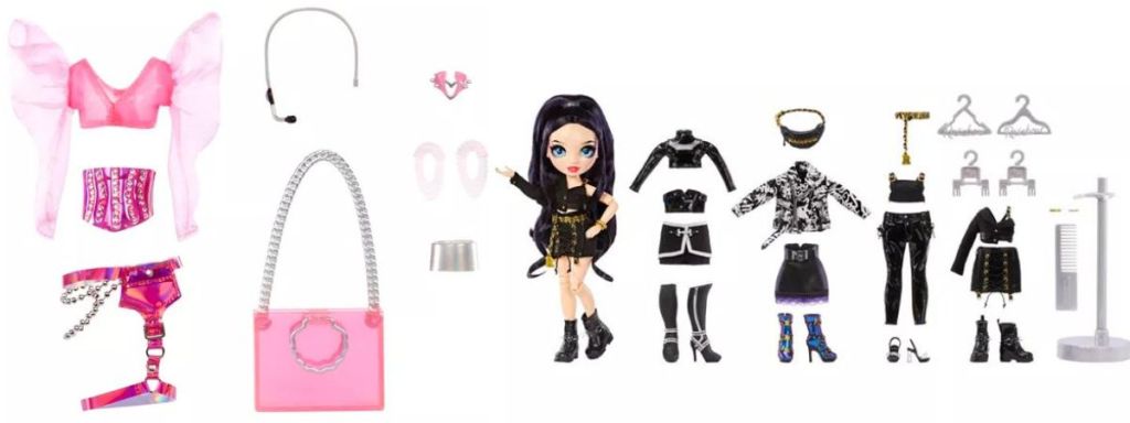 doll mermaid accessories and doll with black and whit clothing and accessories