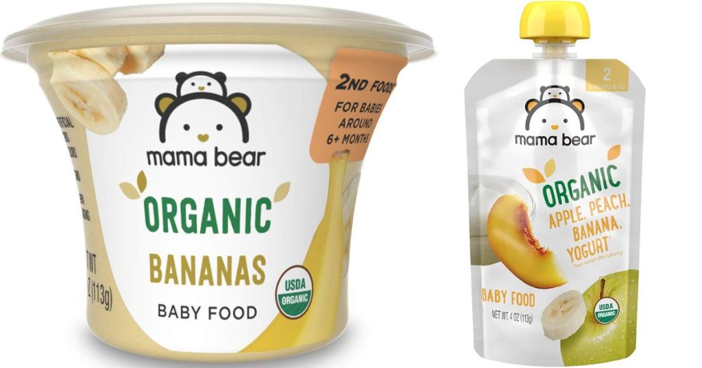 jar of mama bear bananas baby food and apple peach banana yogurt pouch