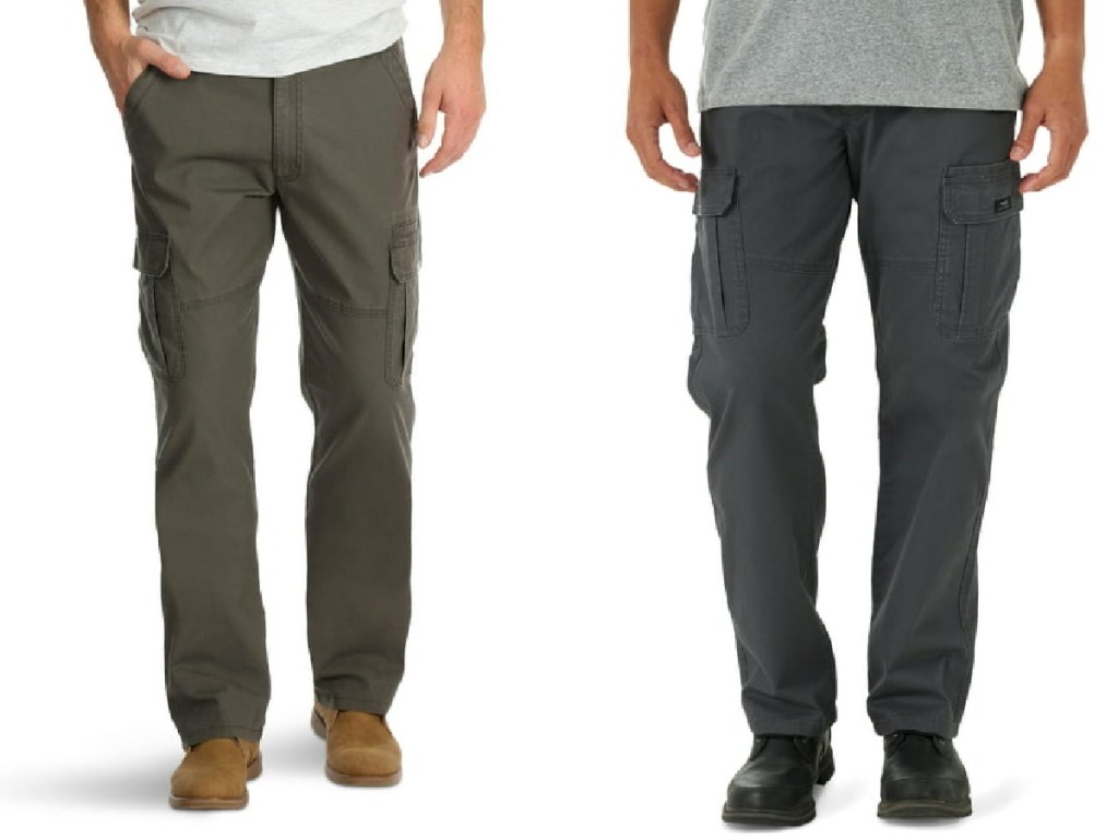 men wearing wrangler cargos in different colors