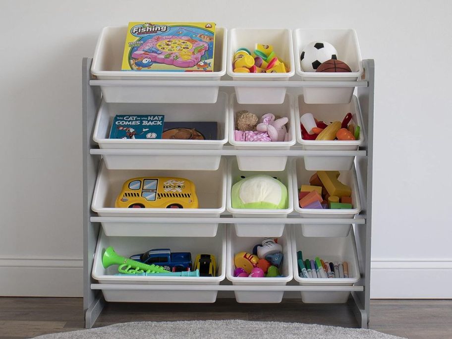 Humble Crew, Grey/White Kids Toy Organizer with 12 Storage Bins with toys in it