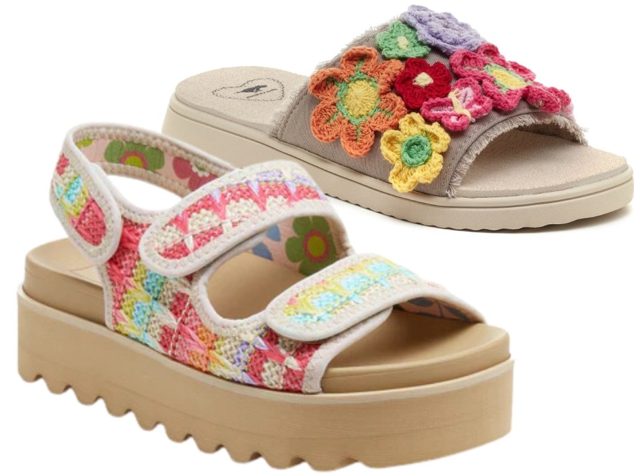 multicolor crochet flower slide sandal and multi color double strap platform sandal