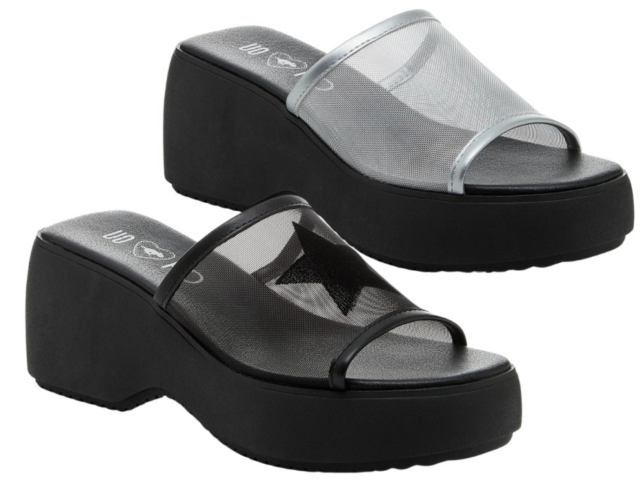 women's platform mesh top sandals, 1 black with a star and 1 silver, both have black soles