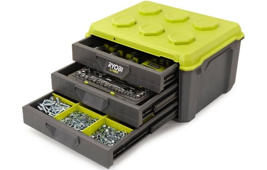 a green and black 3 door garage storage chest